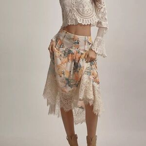Anthropologie Asymmetrical Floral Skirt - Cream and Orange